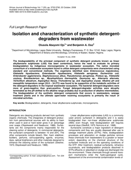 Isolation and Characterization of Synthetic Detergent- Degraders from Wastewater