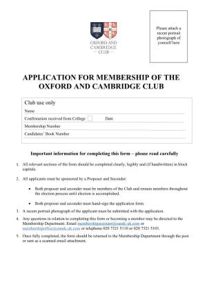 Application for Membership of the Oxford and Cambridge Club