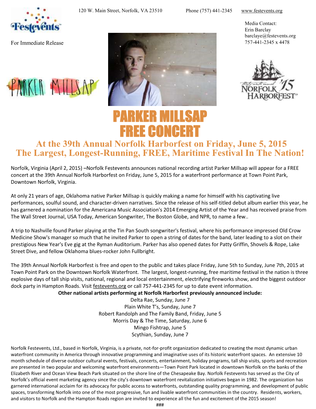 PARKER MILLSAP FREE CONCERT at the 39Th Annual Norfolk Harborfest on Friday, June 5, 2015 the Largest, Longest-Running, FREE, Maritime Festival in the Nation!