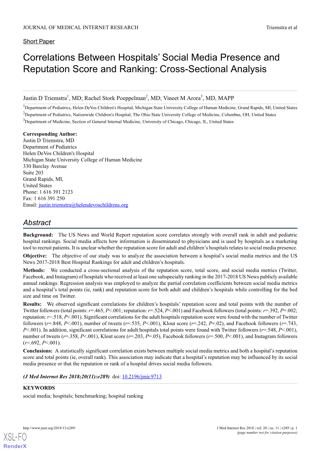 Correlations Between Hospitals' Social Media Presence and Reputation Score and Ranking: Cross-Sectional Analysis