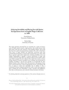 Achieving Invisibility and Having Sex with Spirits: Six Operations from an English Magic Collection Ca