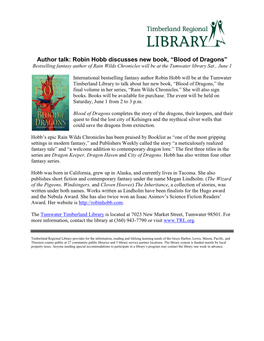 Author Talk: Robin Hobb Discusses New Book, “Blood of Dragons” Bestselling Fantasy Author of Rain Wilds Chronicles Will Be at the Tumwater Library Sat., June 1