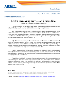 Metra Increasing Service on 7 More Lines Enhanced Schedules to Take Effect July 12