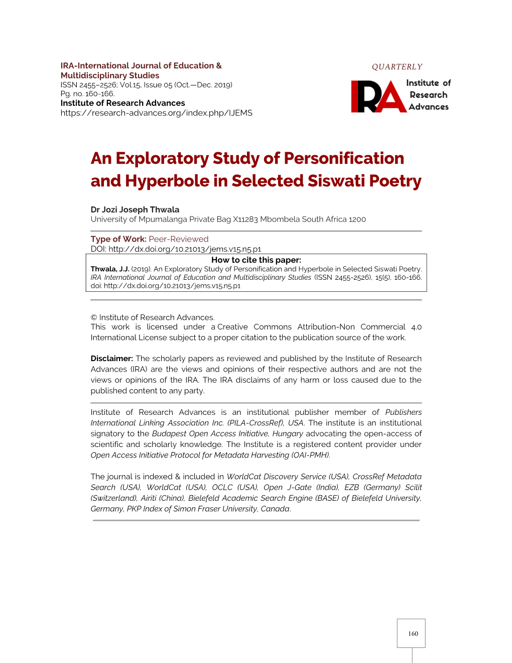 An Exploratory Study of Personification and Hyperbole in Selected Siswati Poetry