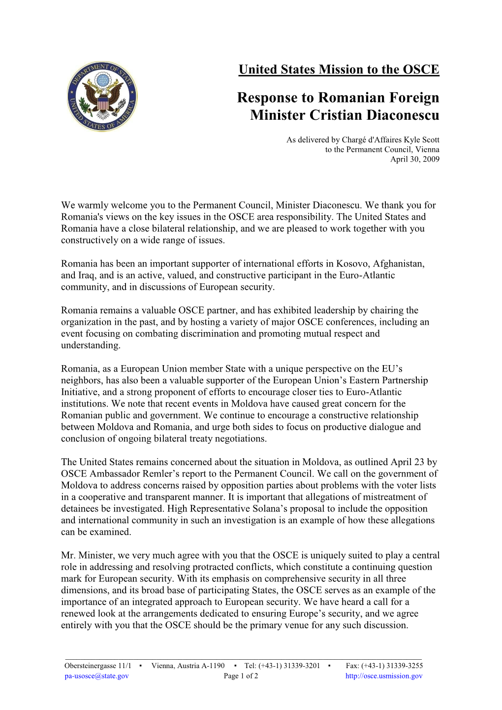 Response to Romanian Foreign Minister Cristian Diaconescu (PDF