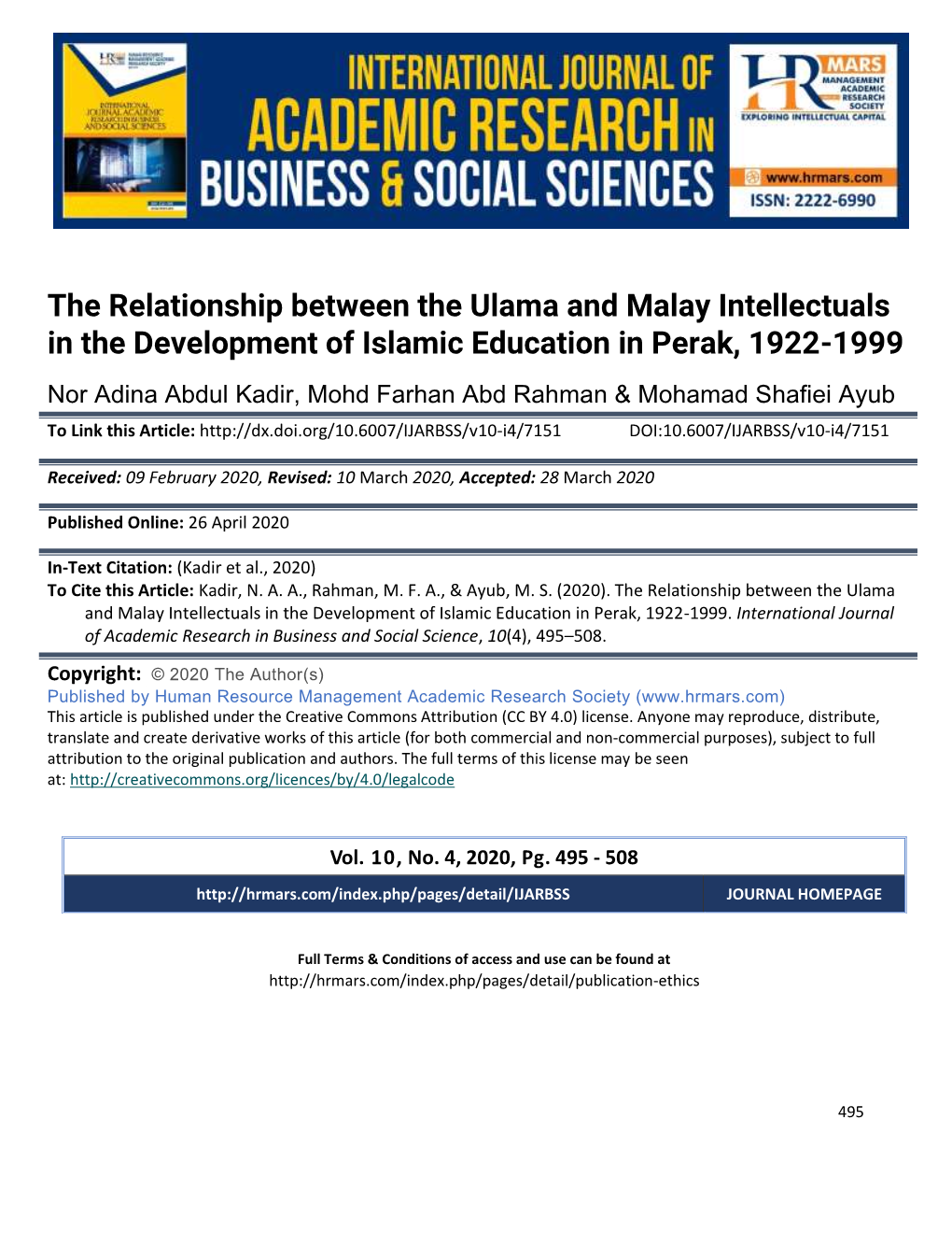 The Relationship Between the Ulama and Malay Intellectuals in the Development of Islamic Education in Perak, 1922-1999