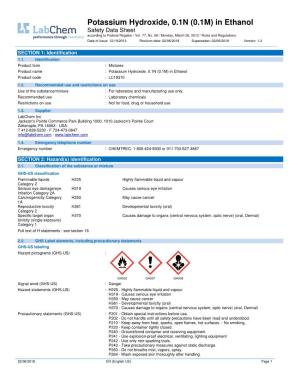 Potassium Hydroxide, 0.1N (0.1M) in Ethanol Safety Data Sheet According to Federal Register / Vol