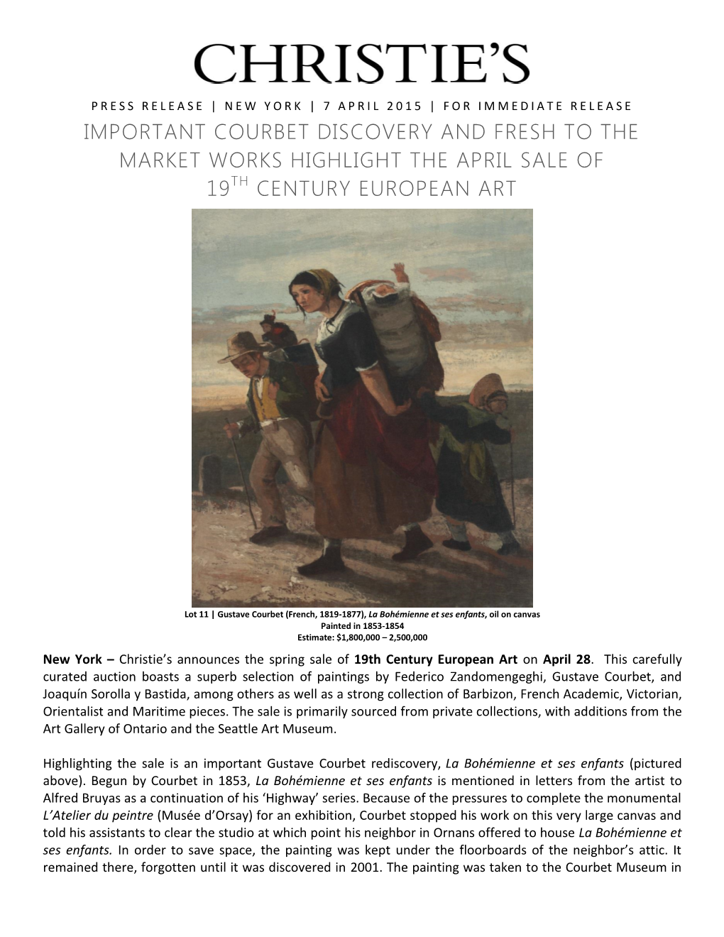 Important Courbet Discovery and Fresh to the Market Works Highlight the April Sale of 19Th Century European Art