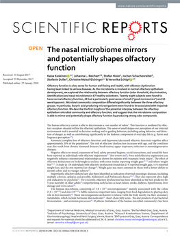 The Nasal Microbiome Mirrors and Potentially Shapes Olfactory Function Received: 10 August 2017 Kaisa Koskinen 1,2, Johanna L