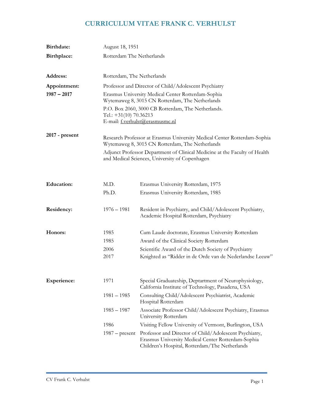 Curriculum Vitae Frank C. Verhulst