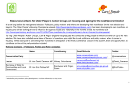 Resources/Contacts for Older People's Action Groups on Housing And