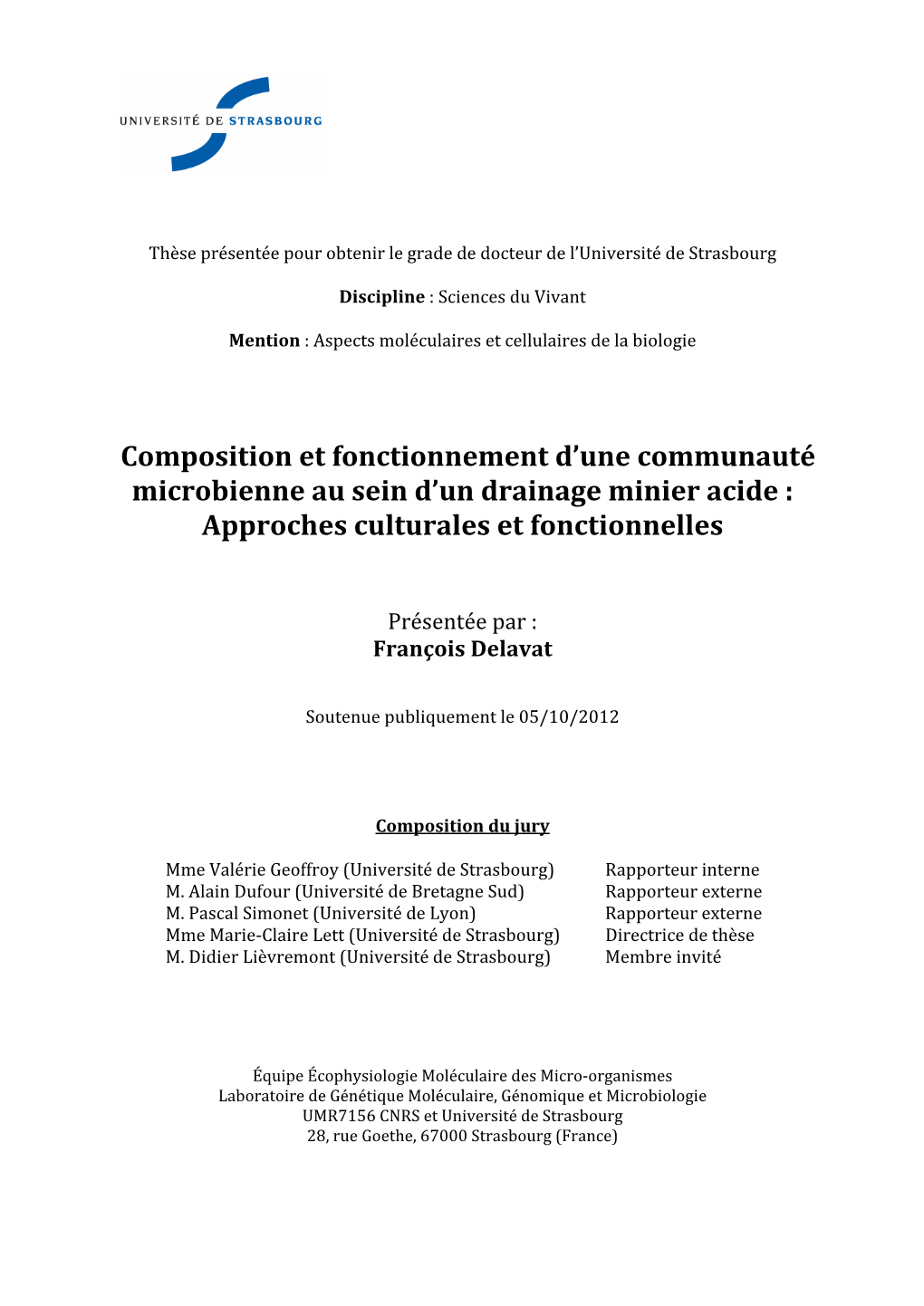 Composition Et Fonctionnement D'une Communauté Microbienne