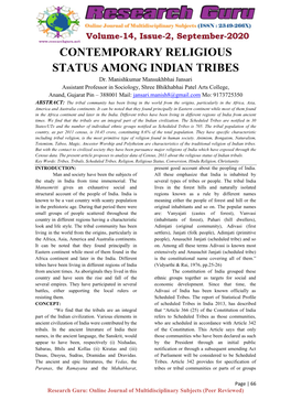 CONTEMPORARY RELIGIOUS STATUS AMONG INDIAN TRIBES Dr