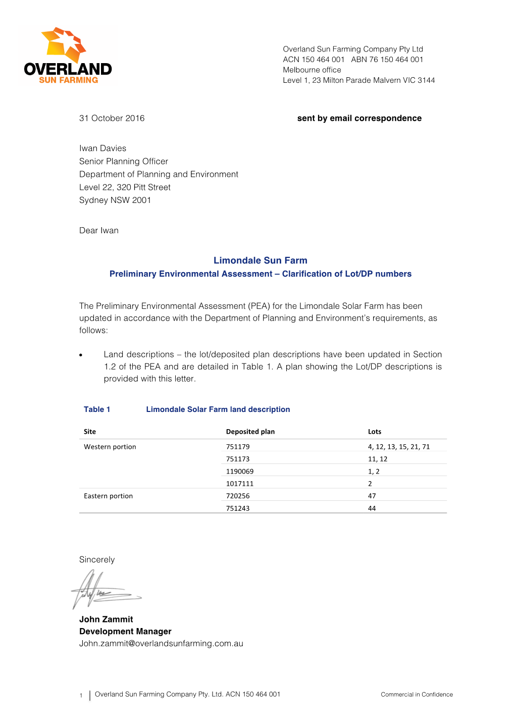 Limondale Sun Farm Preliminary Environmental Assessment – Clarification of Lot/DP Numbers
