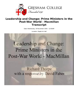 Prime Ministers in the Post-War World - Macmillan Transcript