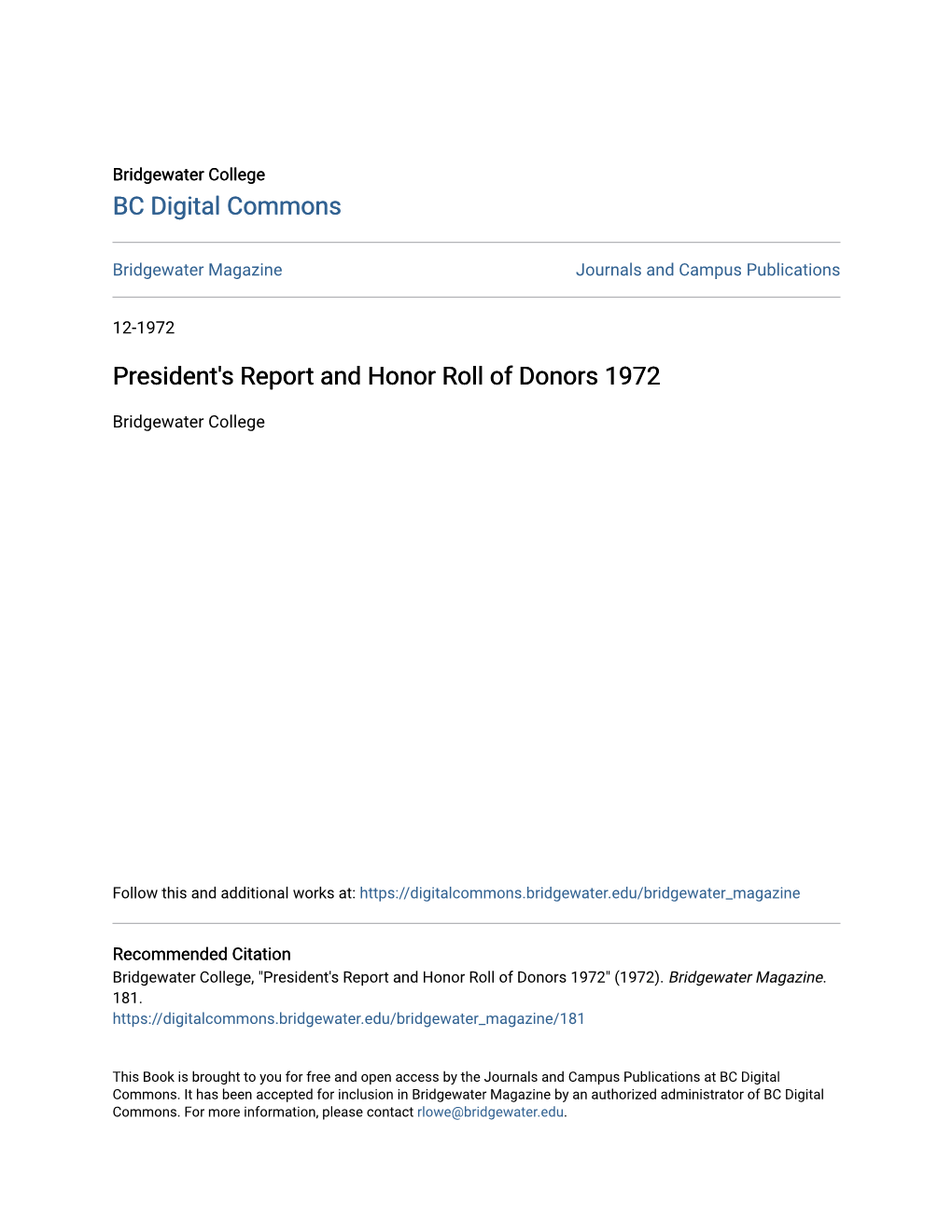 President's Report and Honor Roll of Donors 1972