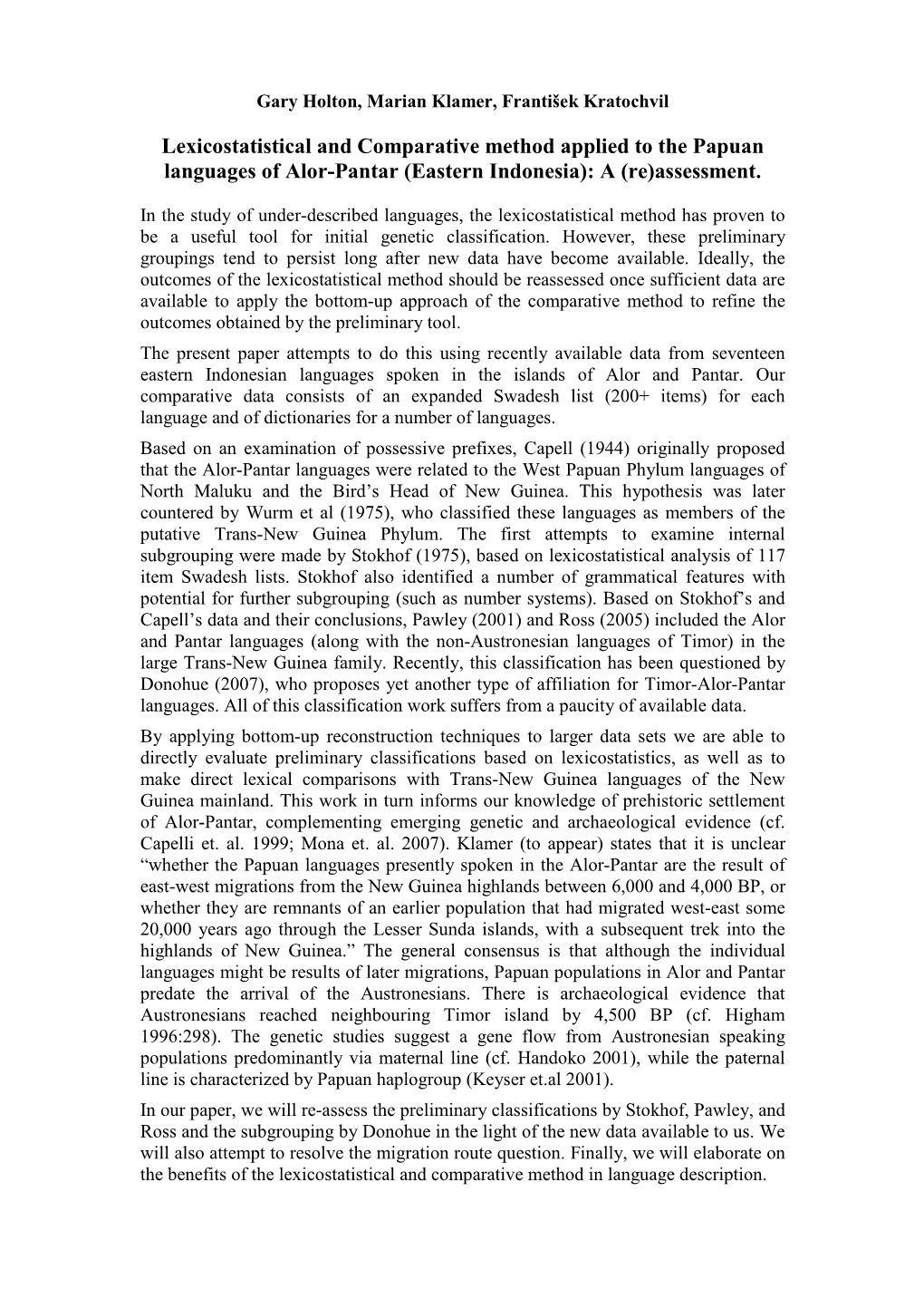 Lexicostatistical and Comparative Method Applied to the Papuan Languages of Alor-Pantar (Eastern Indonesia): a (Re)Assessment