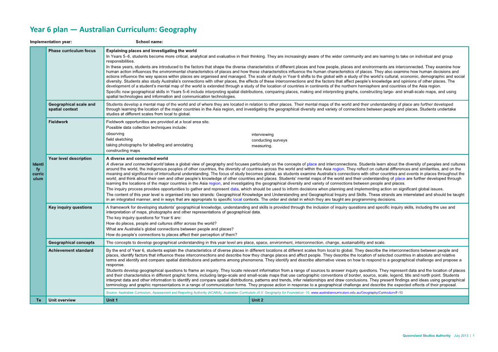 Year 6 Plan — Australian Curriculum: Geography