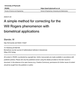 A Simple Method for Correcting for the Will Rogers Phenomenon with Biometrical Applications