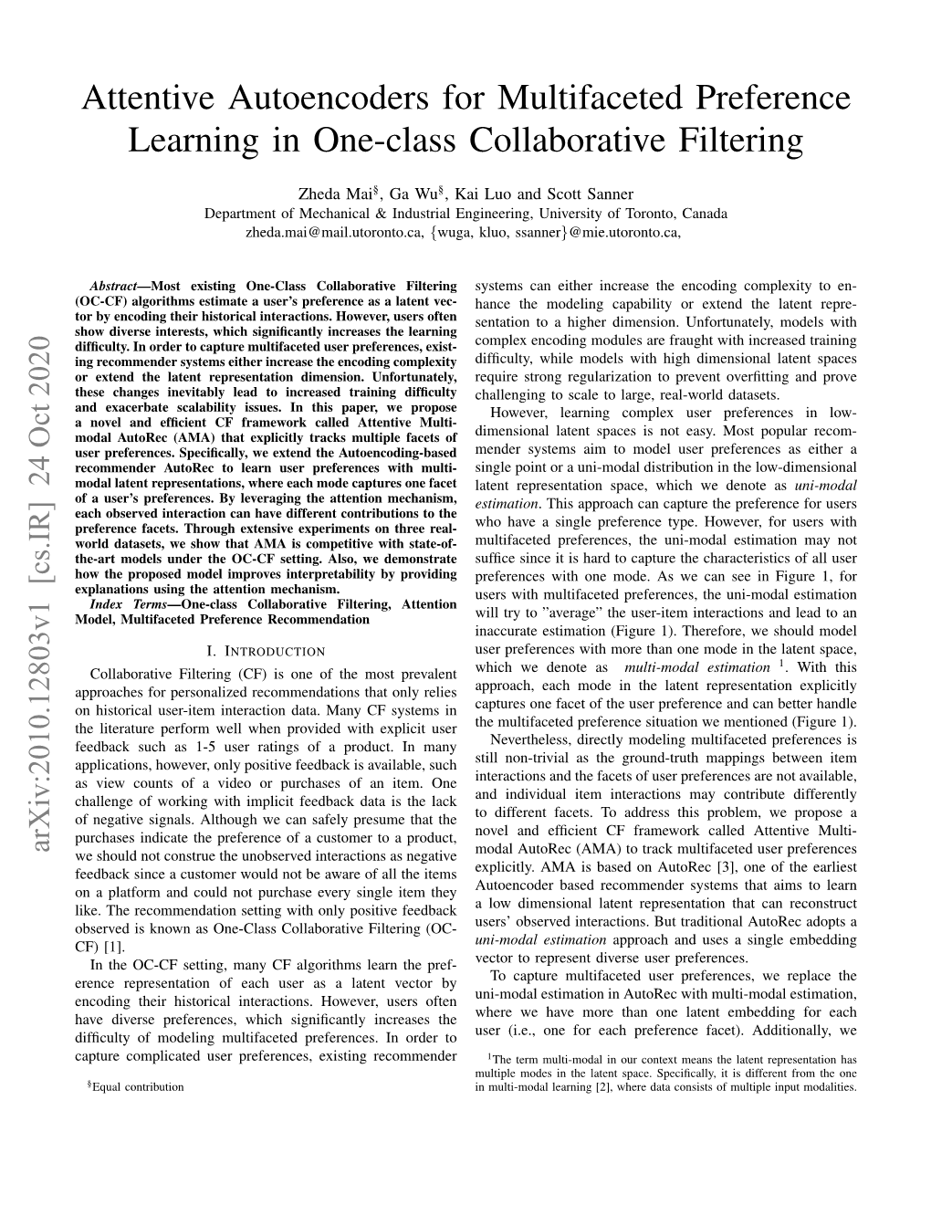 Attentive Autoencoders for Multifaceted Preference Learning in One-Class Collaborative Filtering