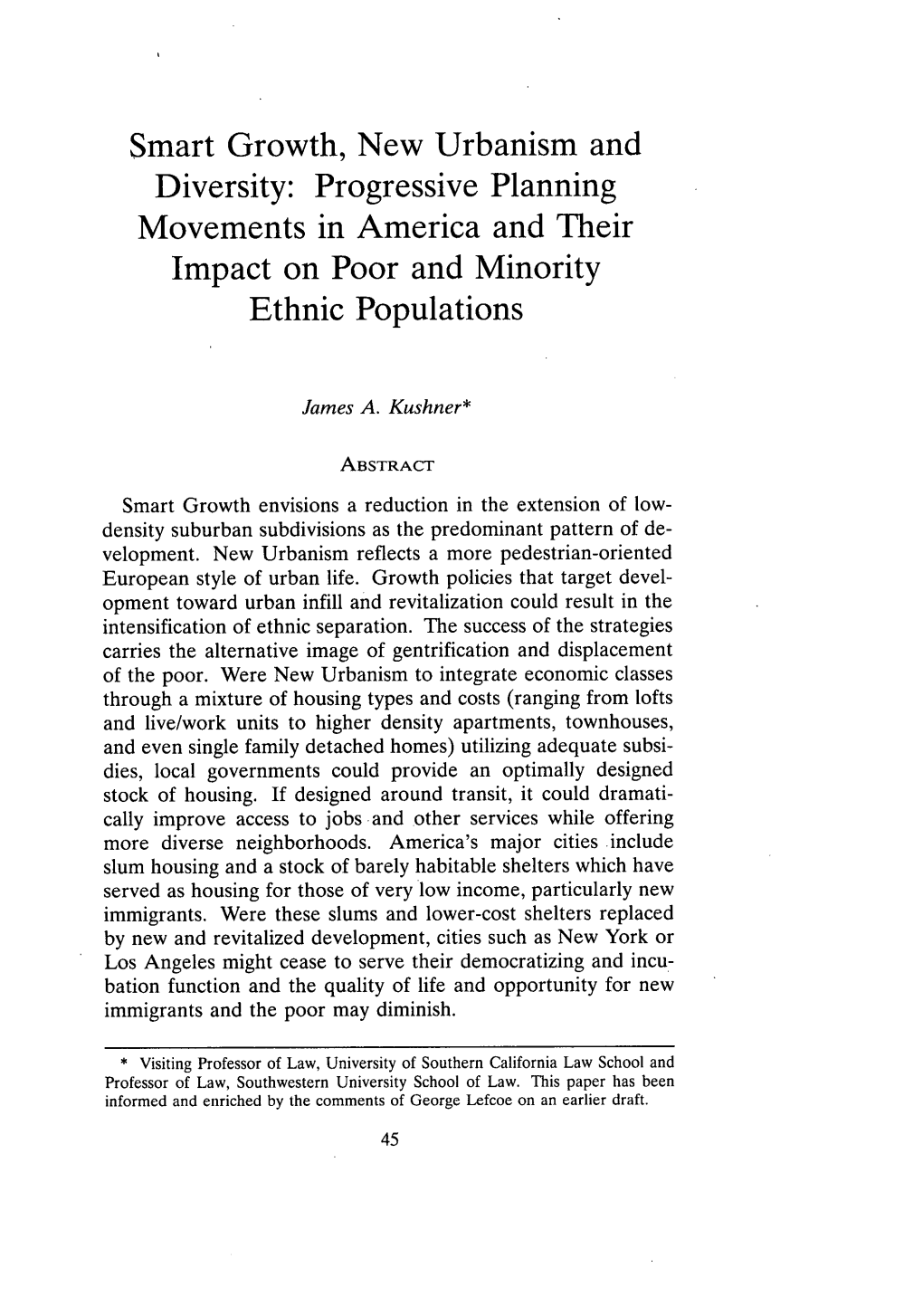 Smart Growth, New Urbanism and Diversity: Progressive Planning Movements in America and Their Impact on Poor and Minority Ethnic Populations