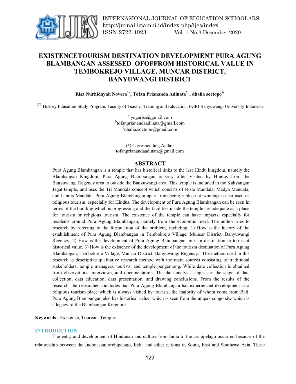 Existencetourism Destination Development Pura Agung Blambangan Assessed Ofoffrom Historical Value in Tembokrejo Village, Muncar District, Banyuwangi District