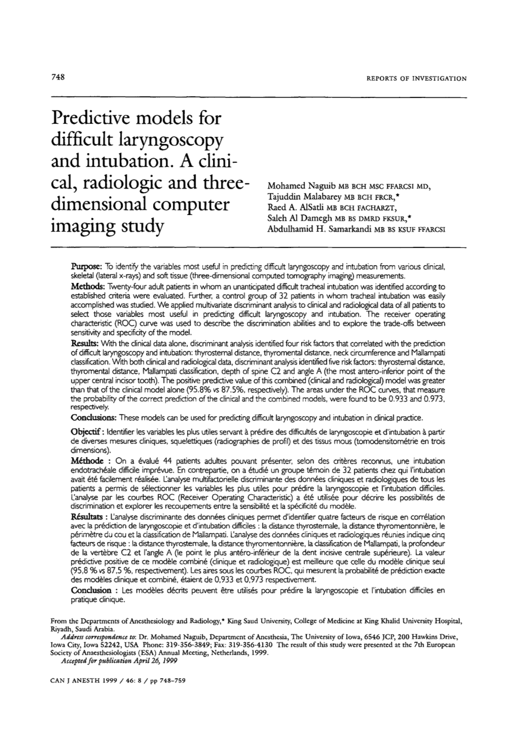 Predictive Models for Difficult Laryngoscopy and Intubation. A