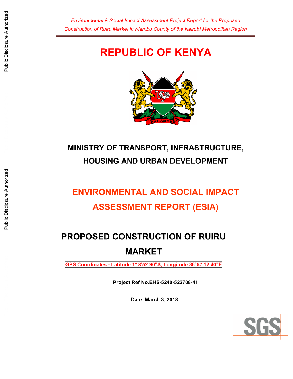 Proposed Construction of Ruiru Market in Kiambu County of the Nairobi Metropolitan Region