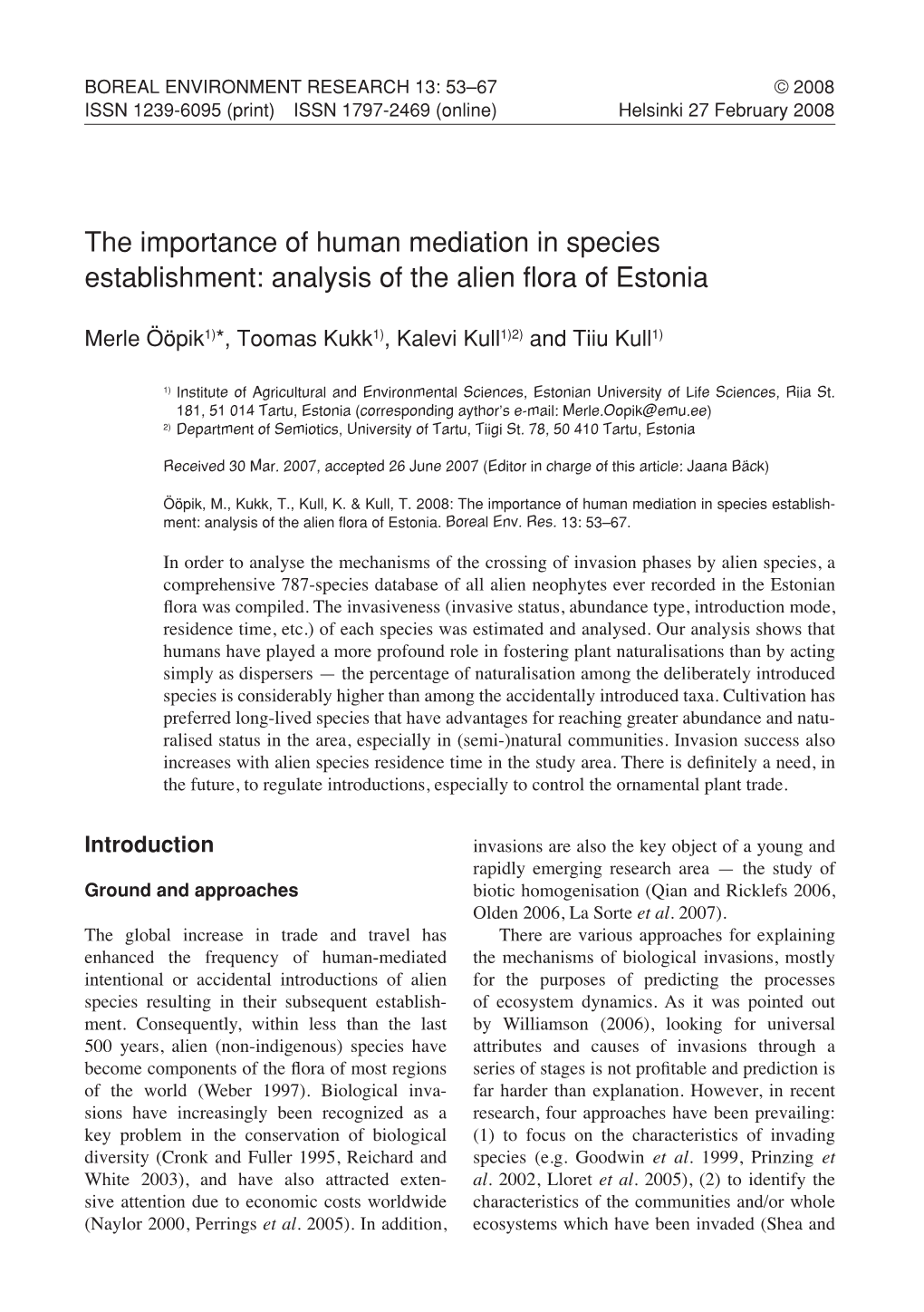 The Importance of Human Mediation in Species Establishment: Analysis of the Alien Flora of Estonia