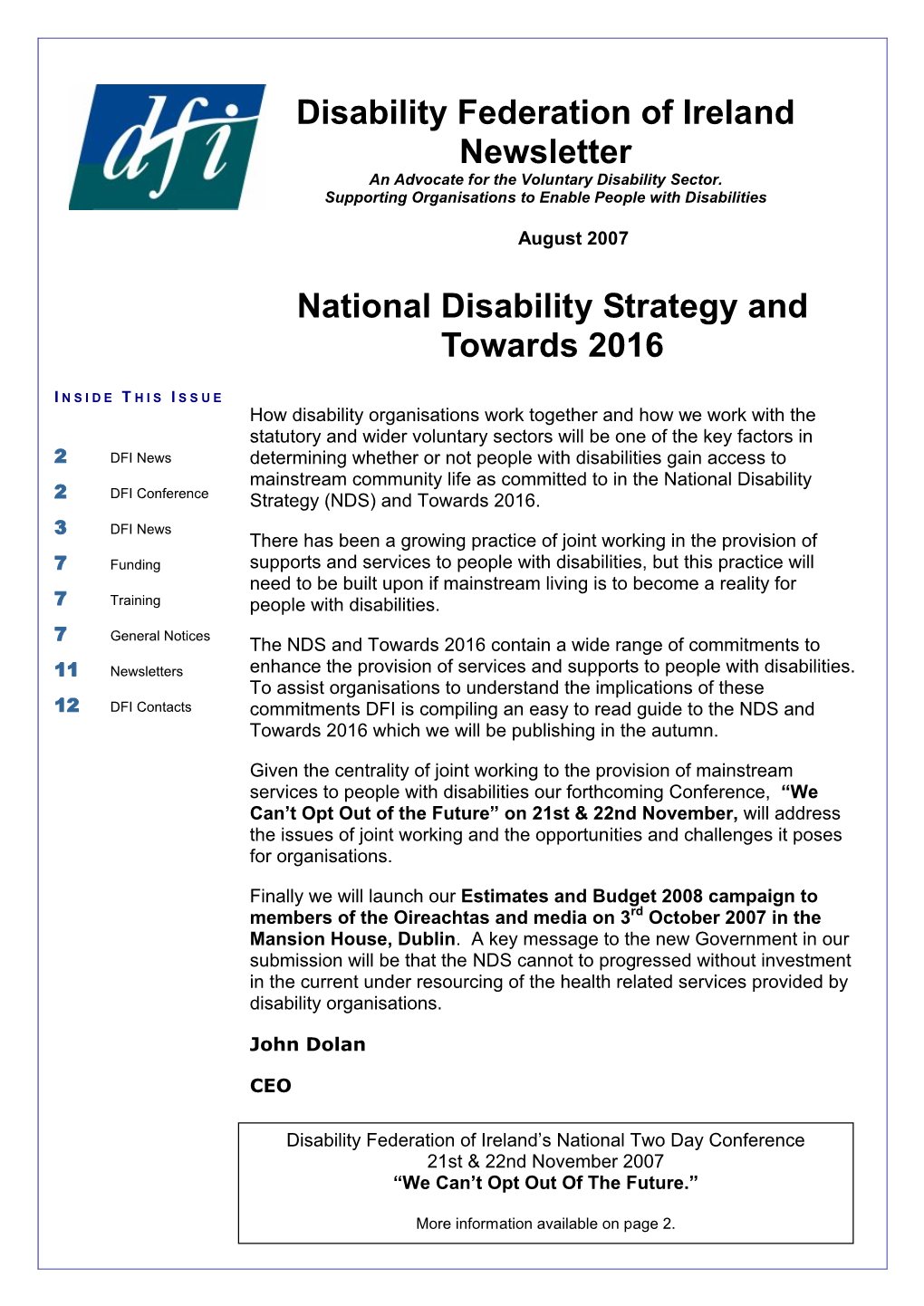 Disability Federation of Ireland Newsletter an Advocate for the Voluntary Disability Sector