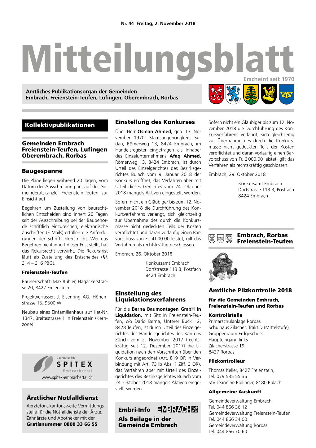 Erscheint Seit 1970 Kollektivpublikationen Gemeinden Embrach Freienstein-Teufen, Lufingen Oberembrach, Rorbas Baugespanne Einste