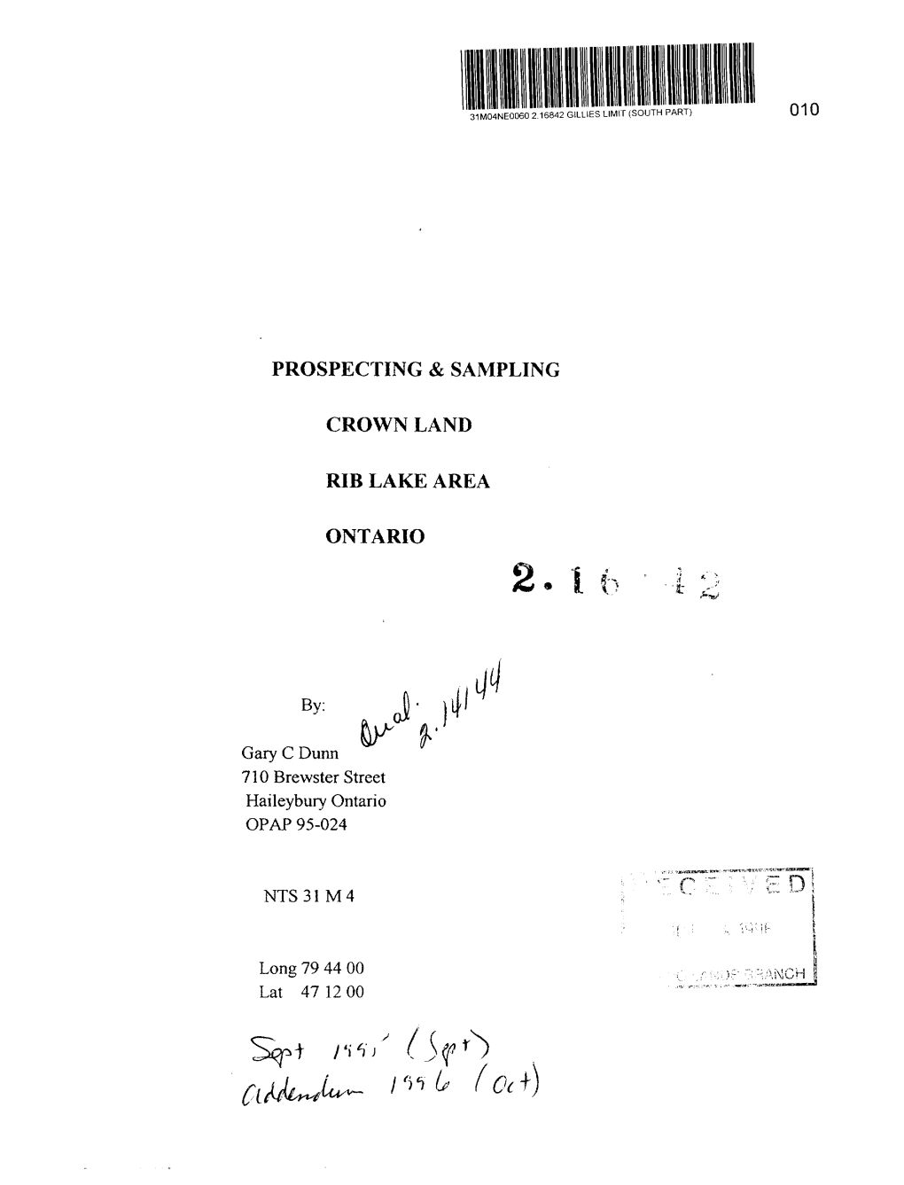 Prospecting & Sampling Crown Land Rib Lake Area