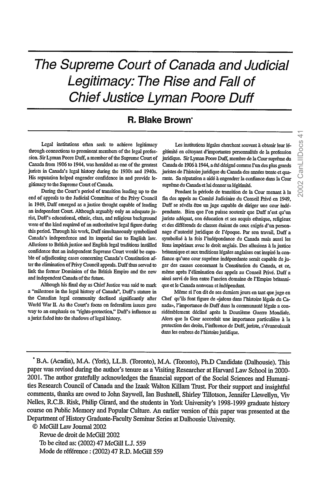 The Supreme Court of Canada and Judicial Legitimacy: the Rise and Fall of Chief Justice Lyman Poore Duff