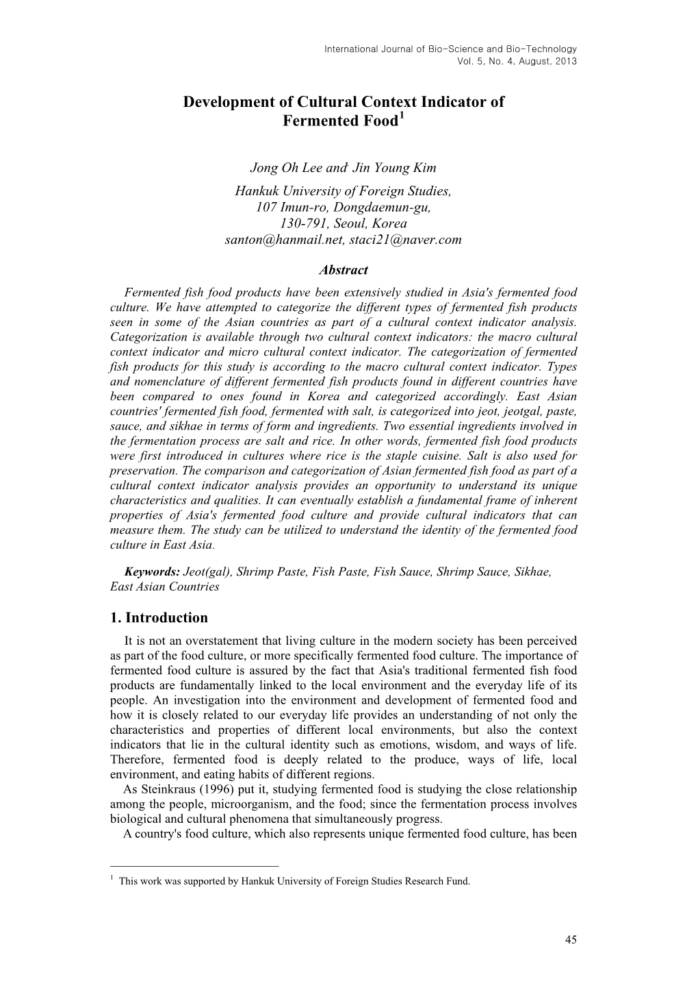 Development of Cultural Context Indicator of Fermented Food1