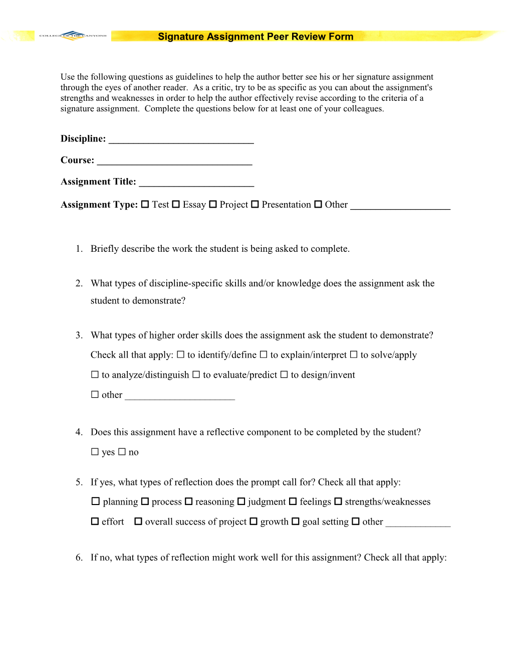 Signature Assignment Peer Review Form