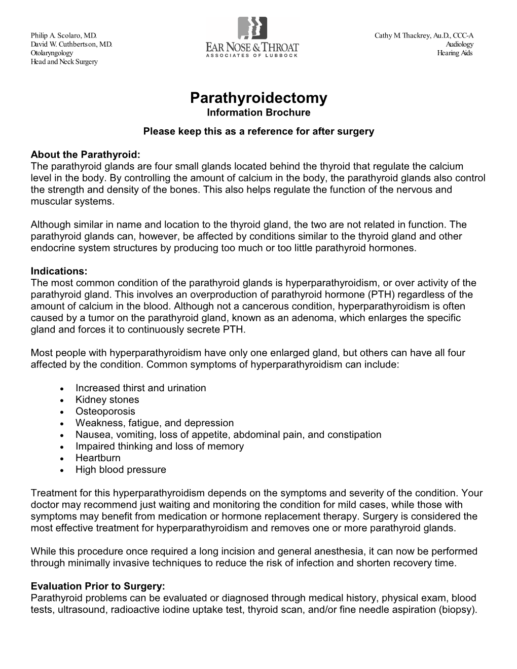 Parathyroidectomy Information Brochure Please Keep This As a Reference for After Surgery