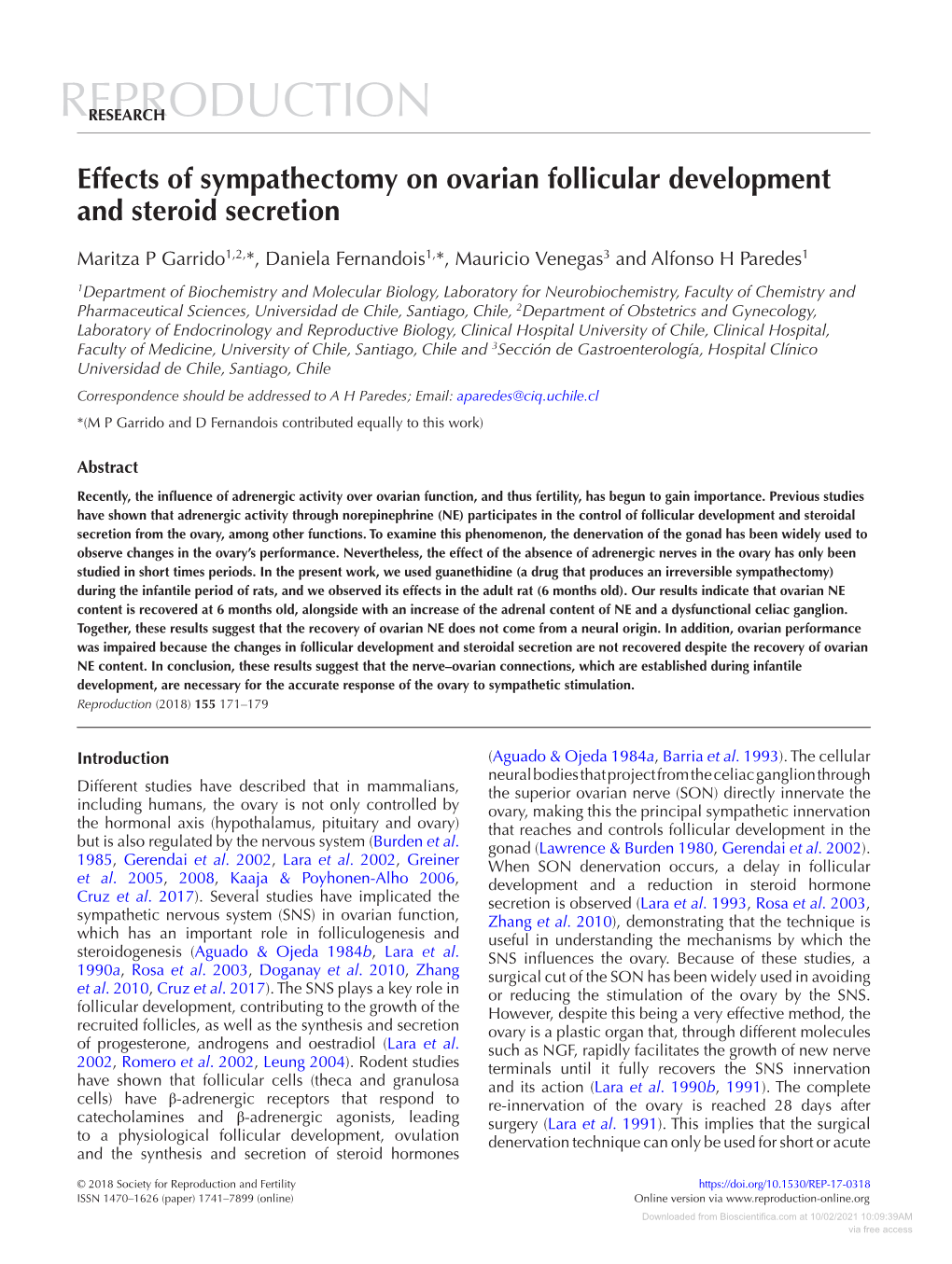 Effects of Sympathectomy on Ovarian Follicular Development and Steroid Secretion