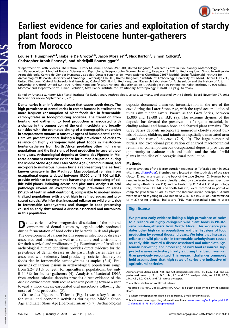 Earliest Evidence for Caries and Exploitation of Starchy Plant Foods in Pleistocene Hunter-Gatherers from Morocco