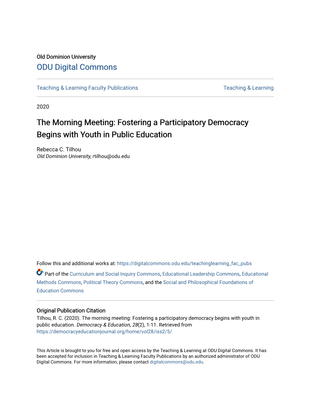 The Morning Meeting: Fostering a Participatory Democracy Begins with Youth in Public Education