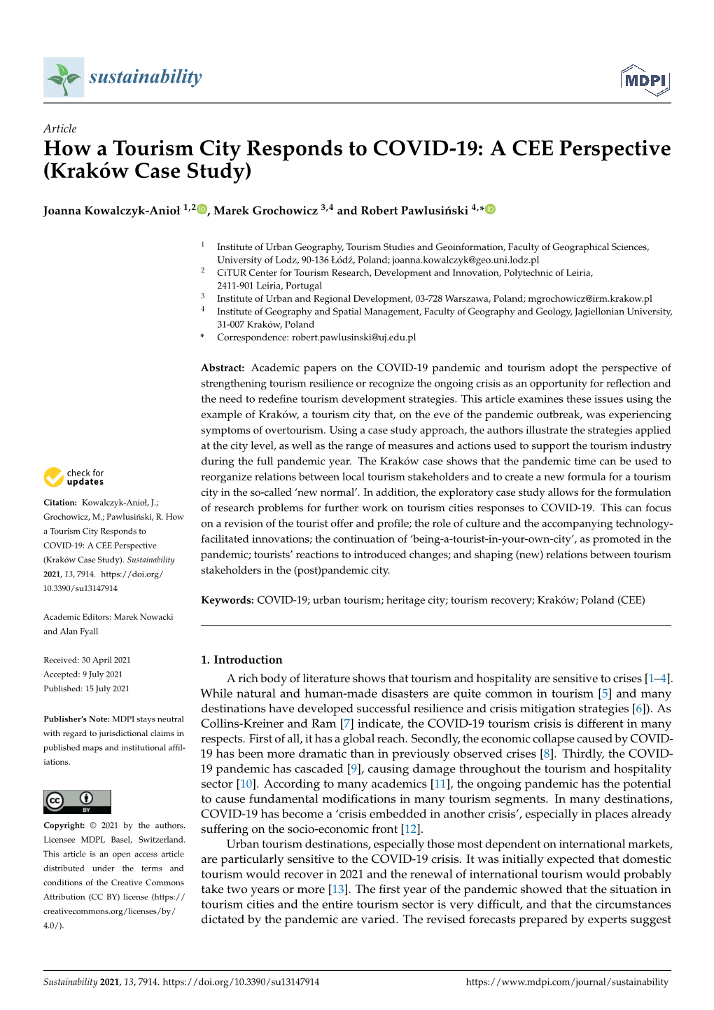 How a Tourism City Responds to COVID-19: a CEE Perspective (Kraków Case Study)