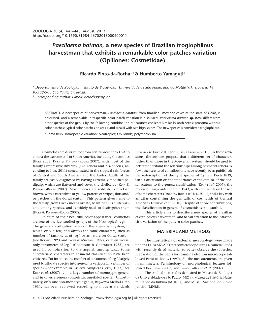 Paecilaema Batman, a New Species of Brazilian Troglophilous Harvestman That Exhibits a Remarkable Color Patches Variation (Opiliones: Cosmetidae)