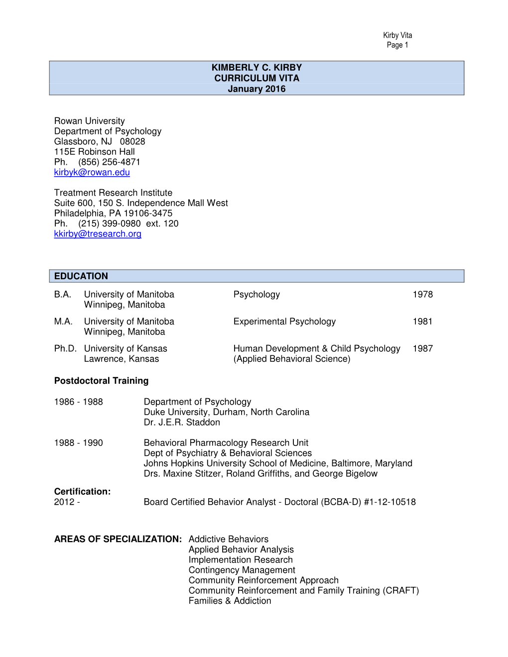 KIMBERLY C. KIRBY CURRICULUM VITA January 2016 Rowan