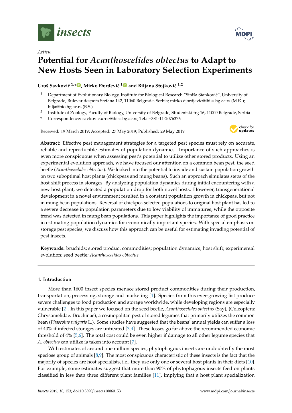 Potential for Acanthoscelides Obtectus to Adapt to New Hosts Seen in Laboratory Selection Experiments