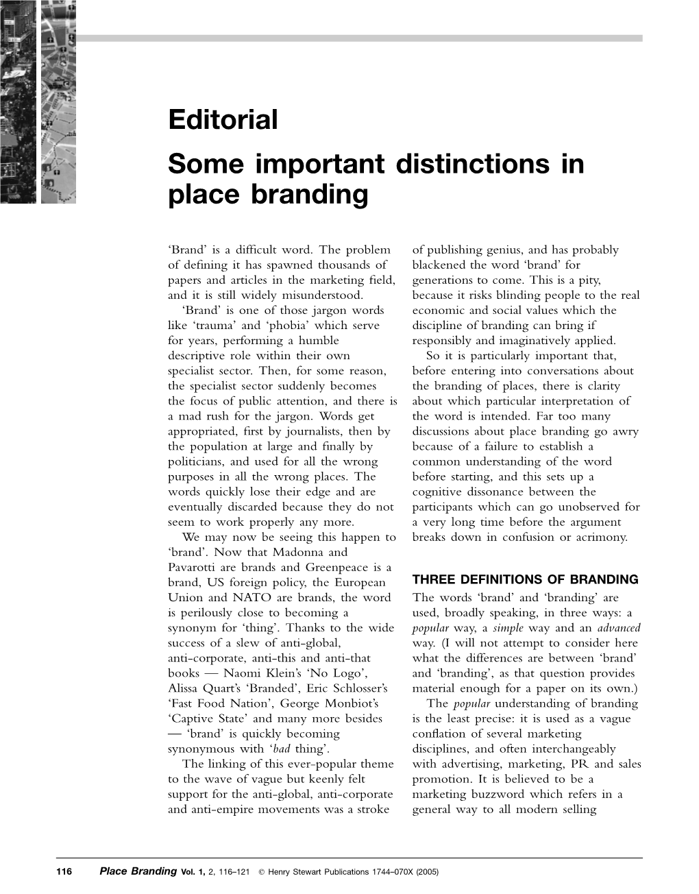 Editorial Some Important Distinctions in Place Branding