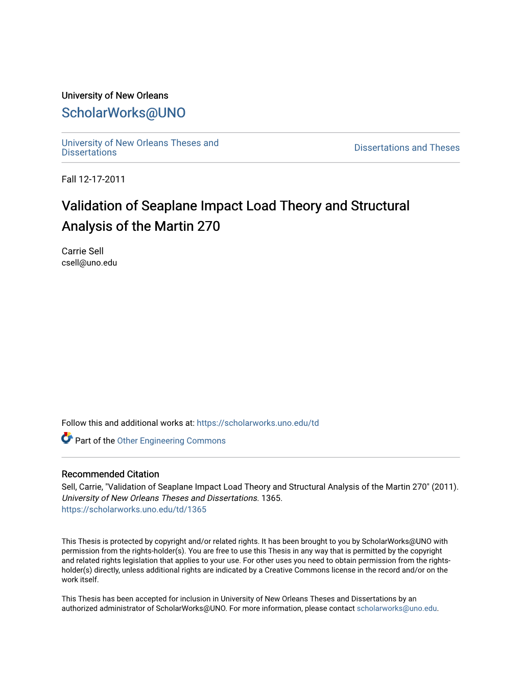 Validation of Seaplane Impact Load Theory and Structural Analysis of the Martin 270