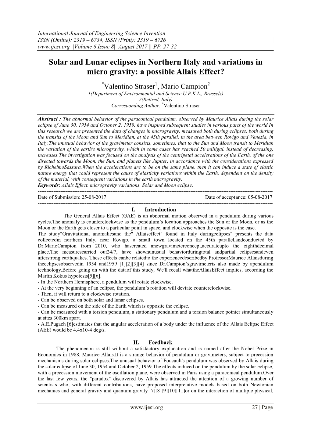 Solar and Lunar Eclipses in Northern Italy and Variations in Micro Gravity: a Possible Allais Effect?