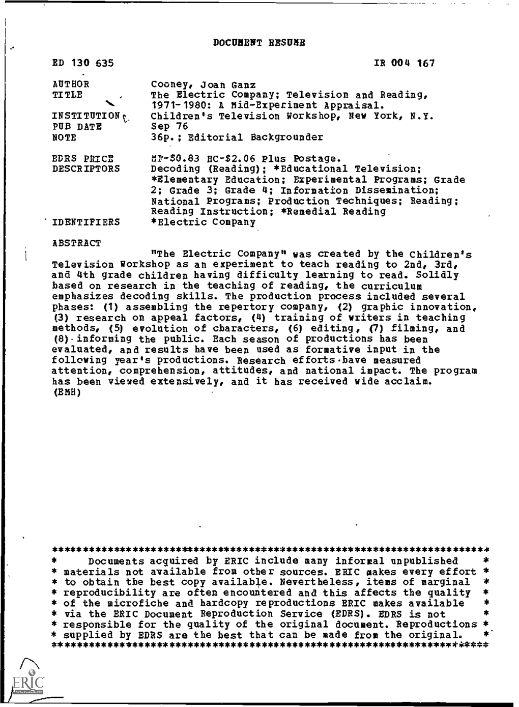 The Electric Company; Television and Reading, 1971-1980: a Mid