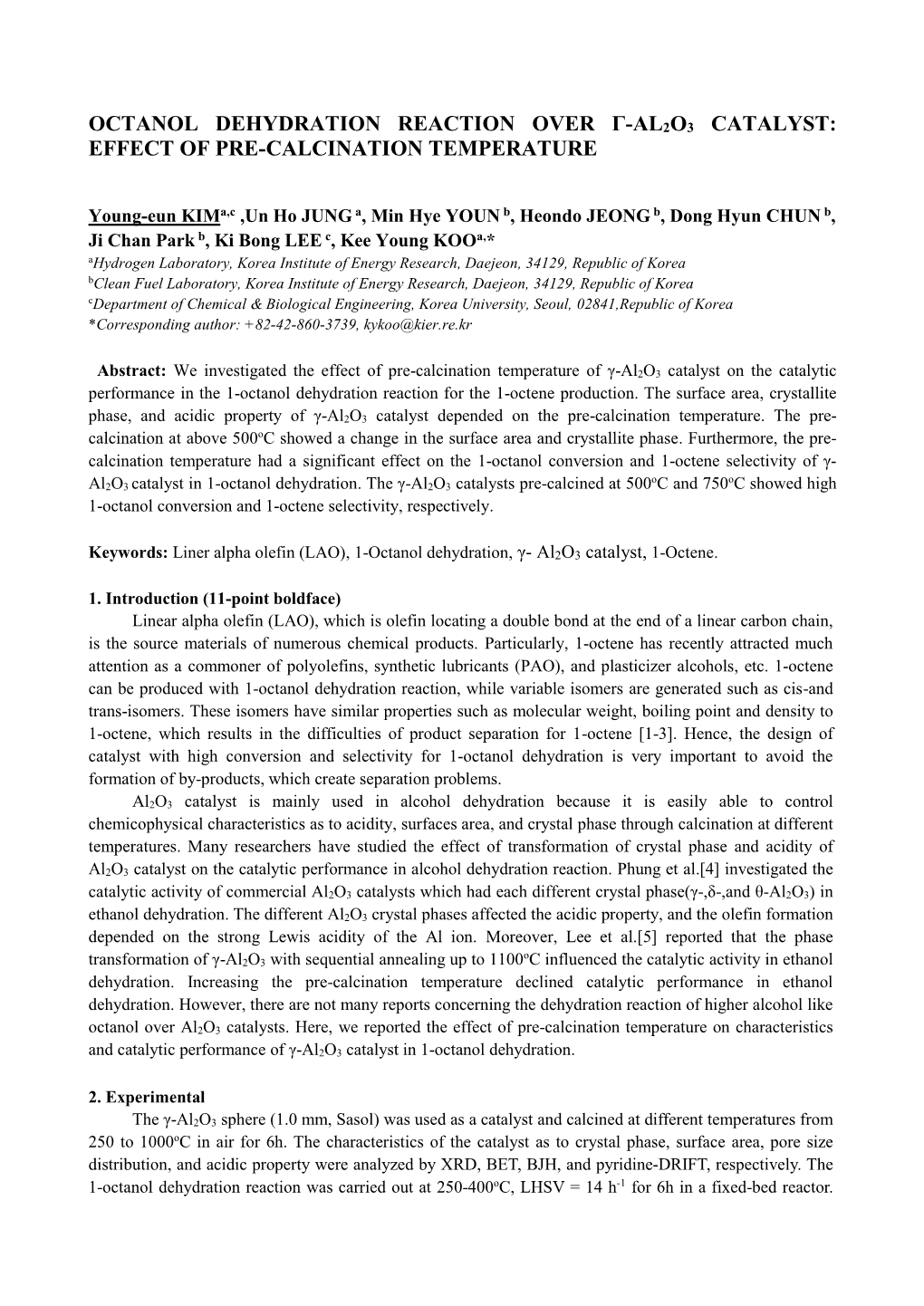 Octanol Dehydration Reaction Over Γ-Al 2O3