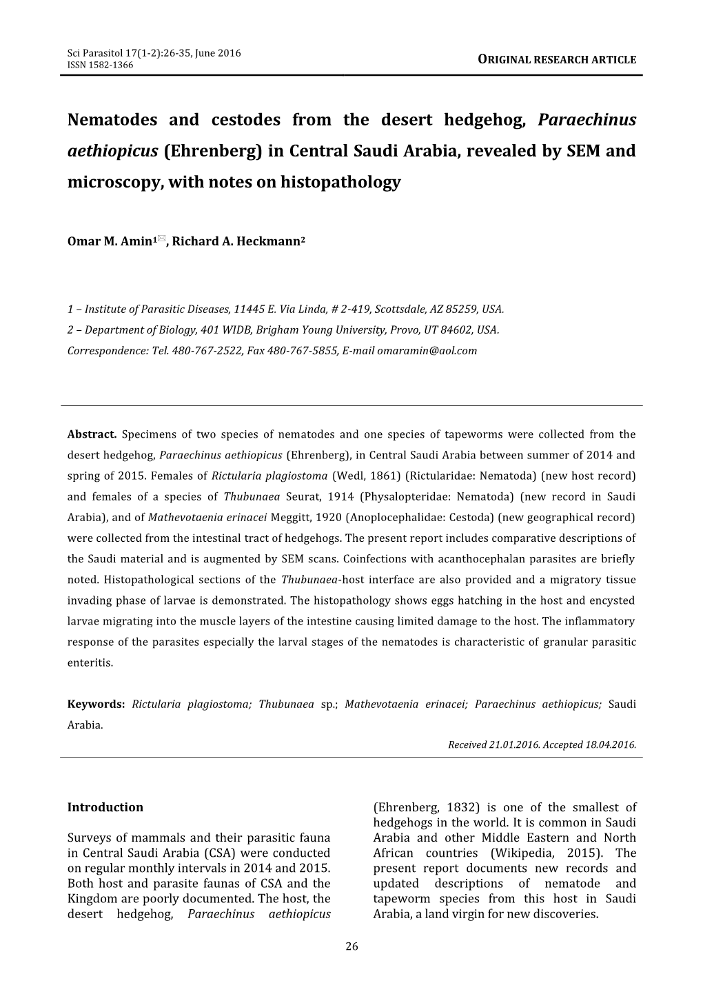 Nematodes and Cestodes from the Desert Hedgehog, Paraechinus