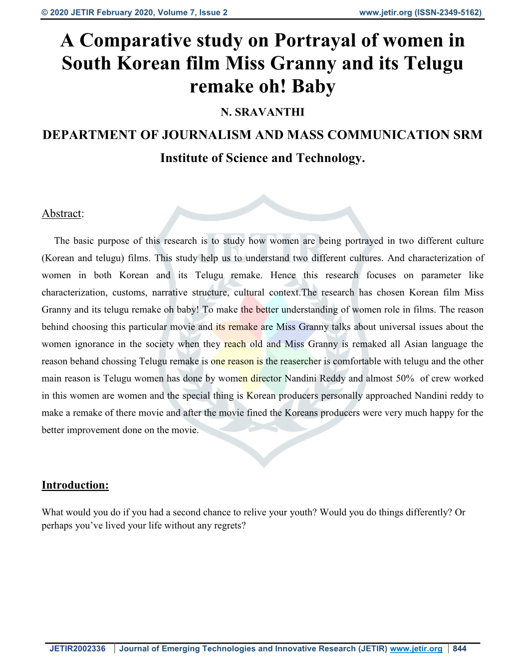 A Comparative Study on Portrayal of Women in South Korean Film Miss Granny and Its Telugu Remake Oh! Baby N